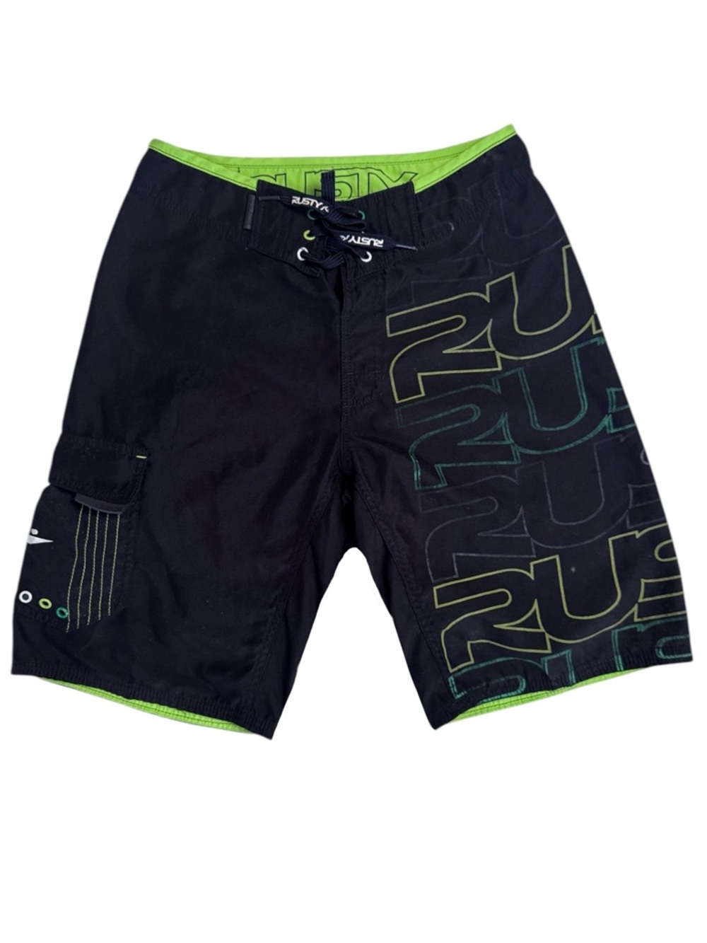 Rusty Board Shorts Black Green Graphic Surf Swim Size 28